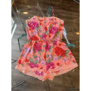 Vintage Victorias Secret Gold Label Shorts Romper Pink Floral Lingerie Lace Med